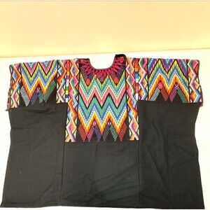 M/L Huipil Black & Multi-Color Handwoven Backstrap Loom Mayan Chiapas Mexico